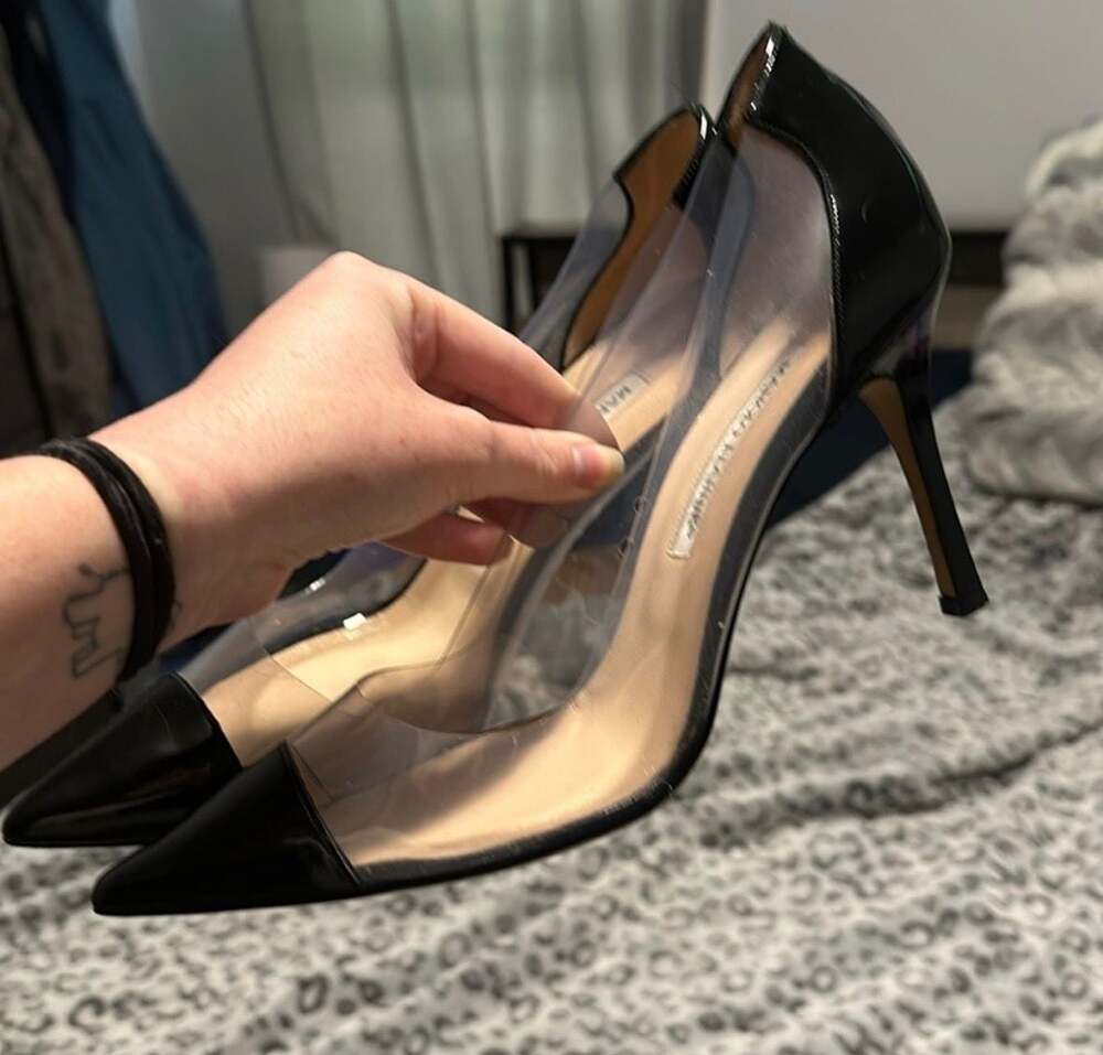 Manolo Blahnik Estro PVC and Black Patent Leather Pointed Toe Pumps